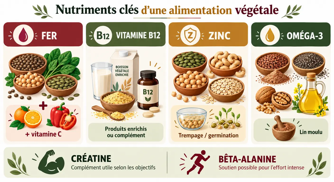 Infographie des micronutriments à surveiller dans une alimentation végétarienne sportive