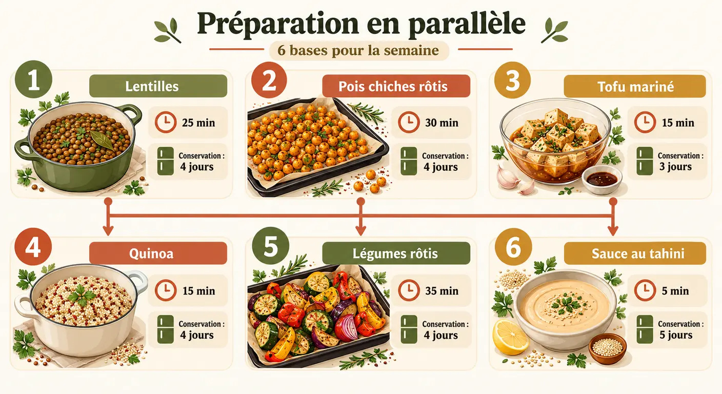 Infographie du déroulé d'une session de batch cooking végétarienne pour sportif