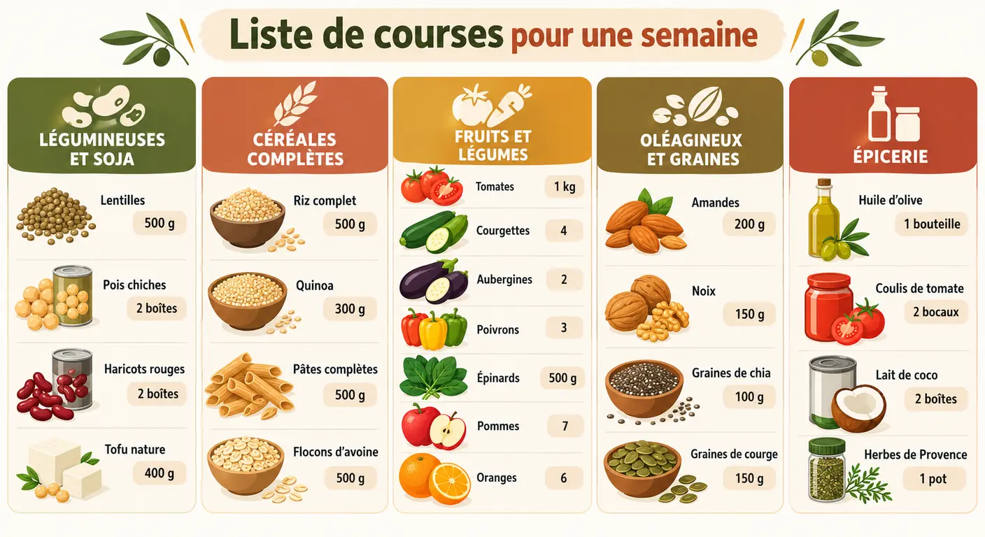 Infographie de la liste de courses hebdomadaire d'une alimentation végétarienne sportive, organisée par rayon
