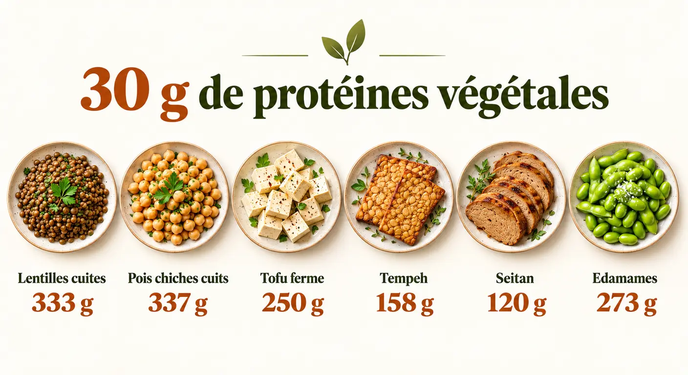 Infographie montrant six façons d'atteindre 30 grammes de protéines végétales en un repas