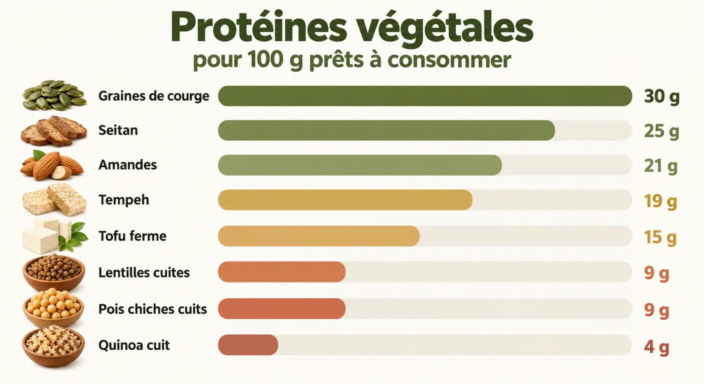 Infographie classant les sources de protéines végétales par densité pour 100 grammes prêts à consommer