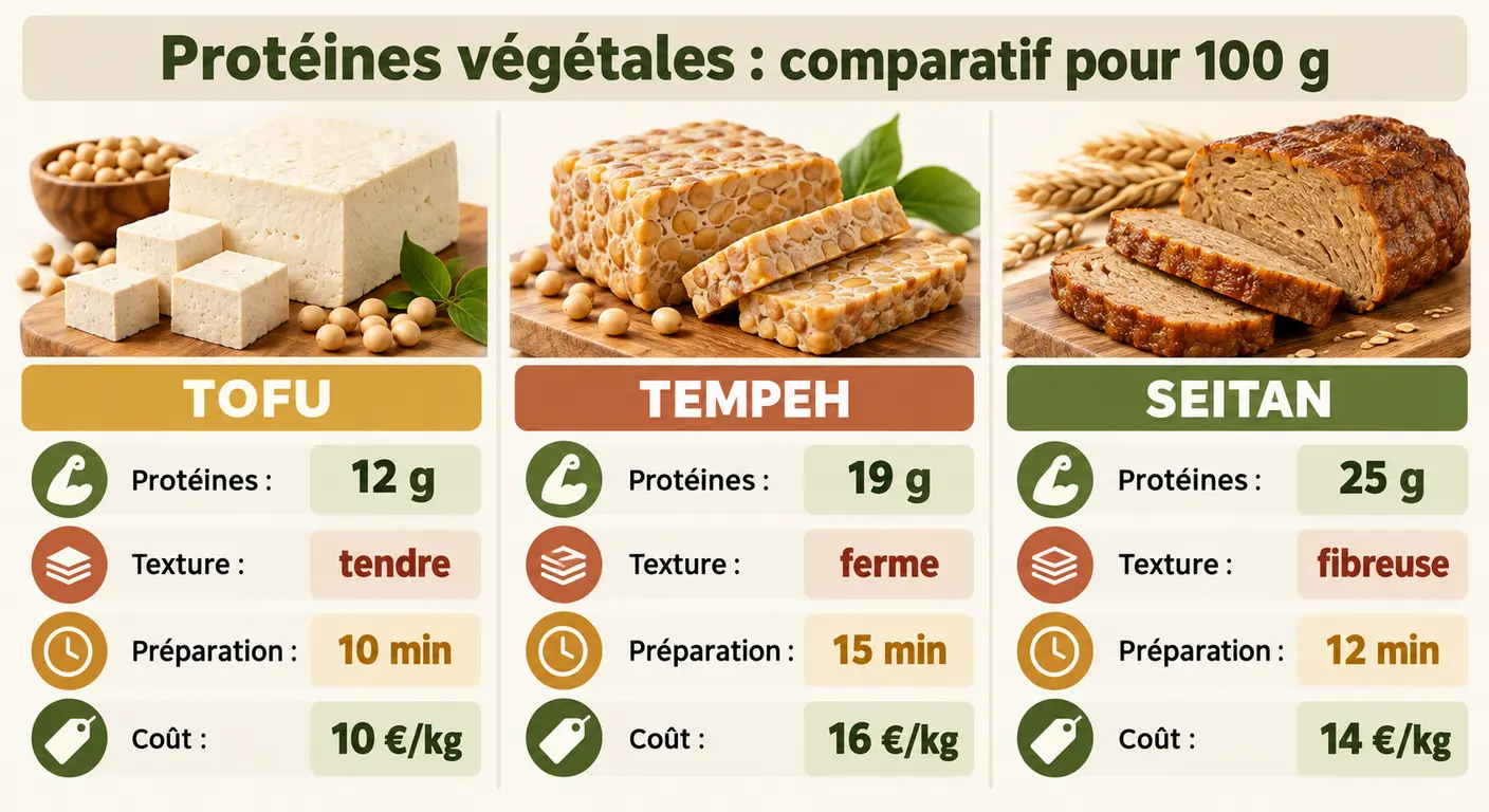 Infographie comparant tofu, tempeh et seitan sur la densité protéique, la texture et la préparation