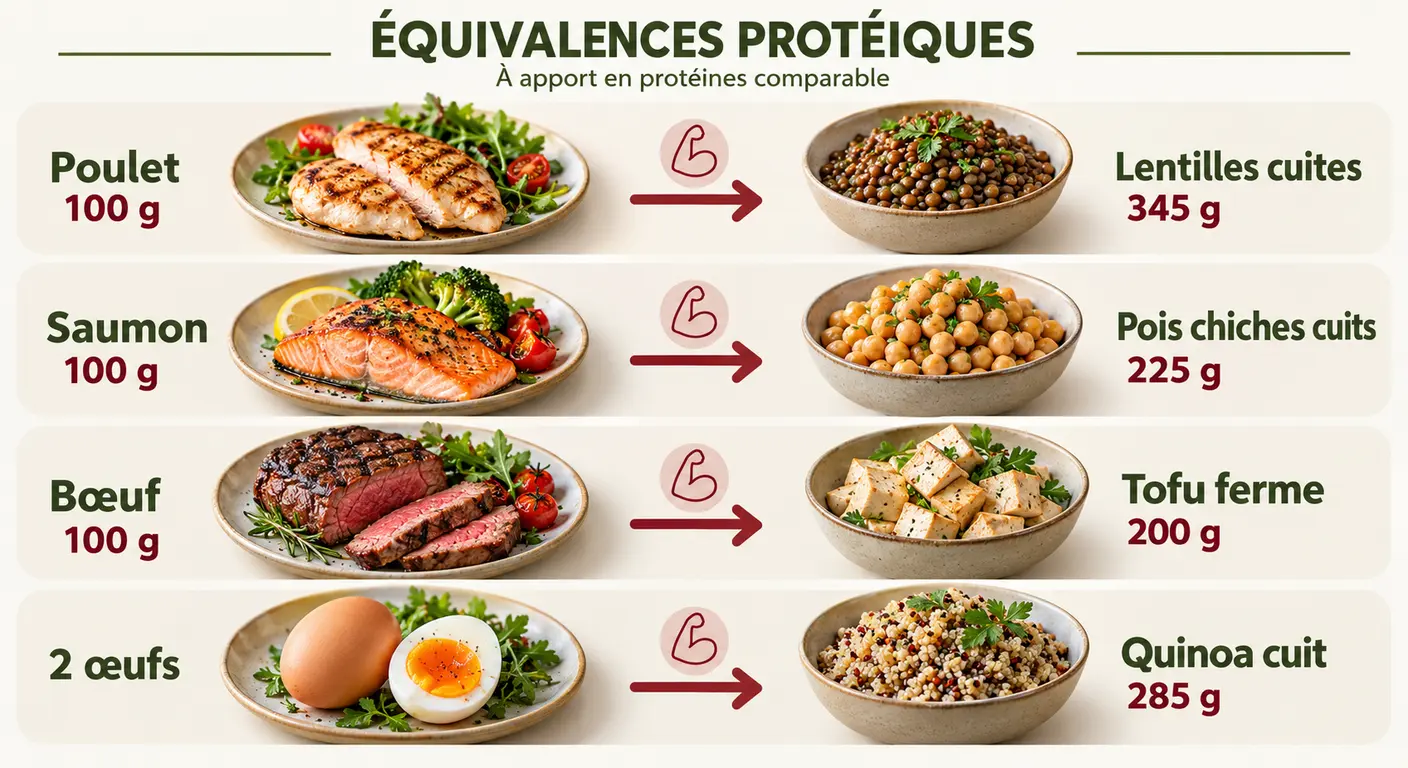 Infographie des équivalences entre portions animales et sources végétales à apport protéique égal