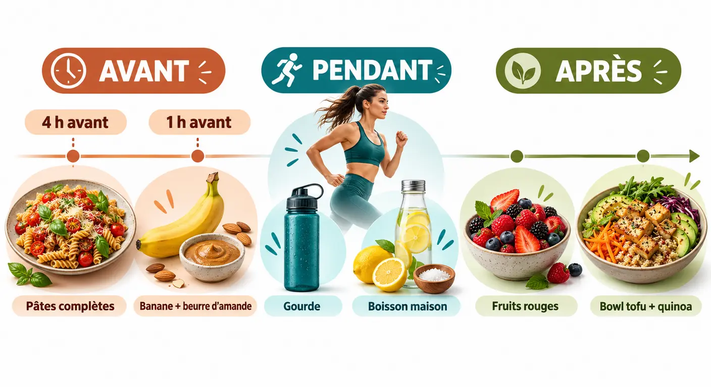 Infographie du timing alimentaire végétarien avant, pendant et après une séance de sport