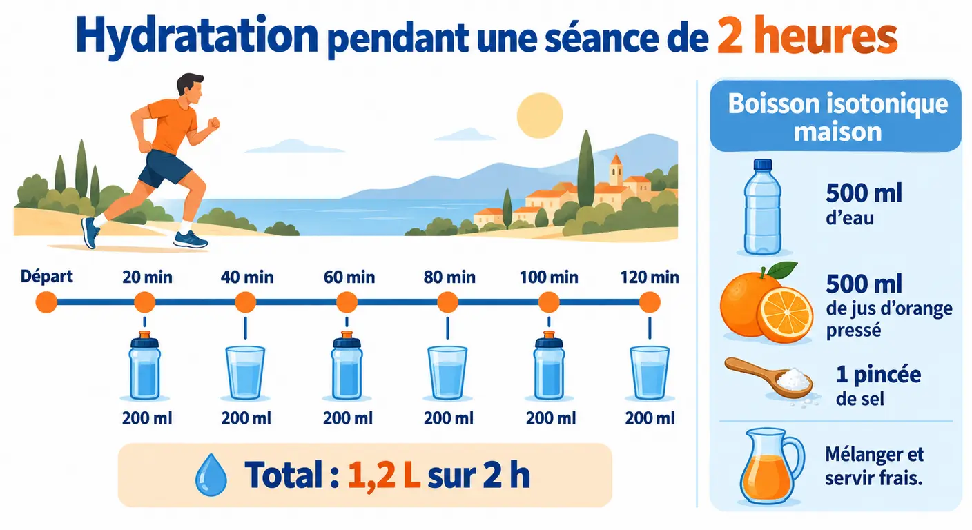 Infographie des repères d'hydratation pendant une séance longue et recette de boisson isotonique maison