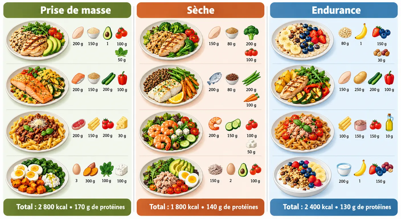 Infographie comparant trois journées alimentaires végétariennes selon l'objectif sportif