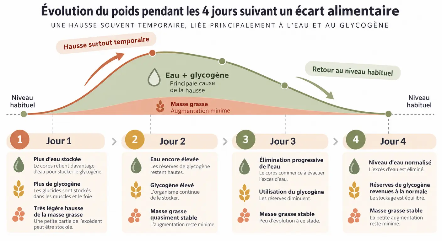 Frise sur quatre jours montrant le retour du poids à son niveau initial après un écart alimentaire