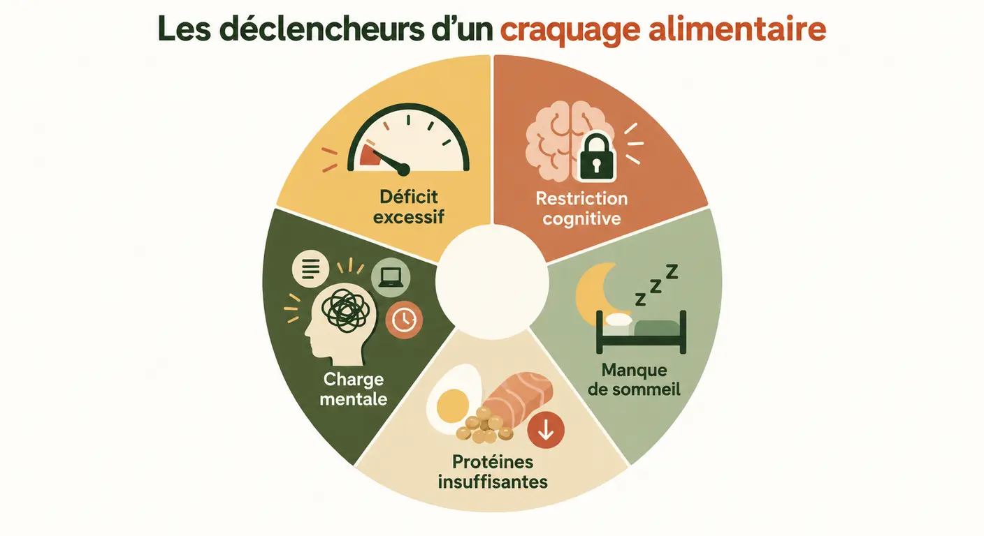 Schéma circulaire des cinq déclencheurs d'un craquage alimentaire