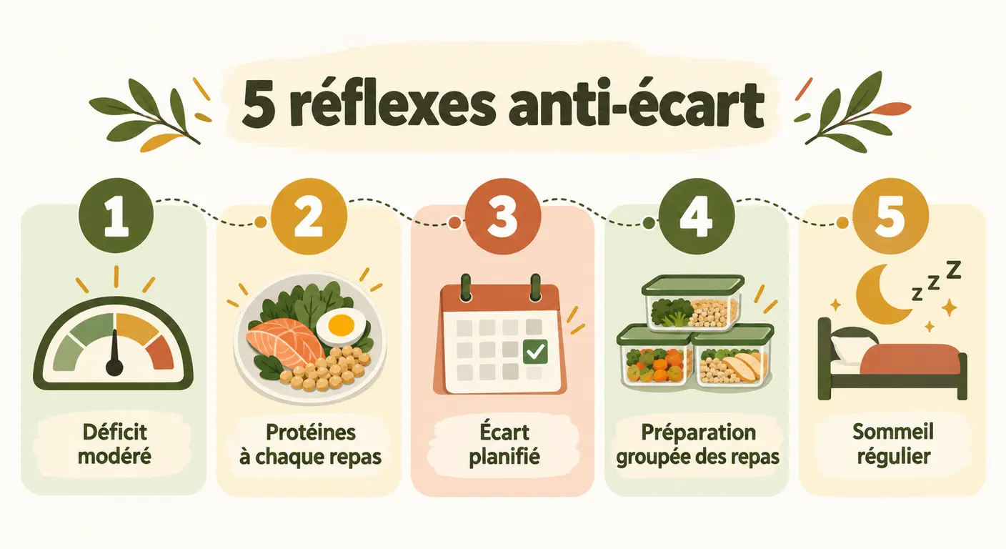 Infographie des cinq réflexes réduisant la fréquence des écarts alimentaires