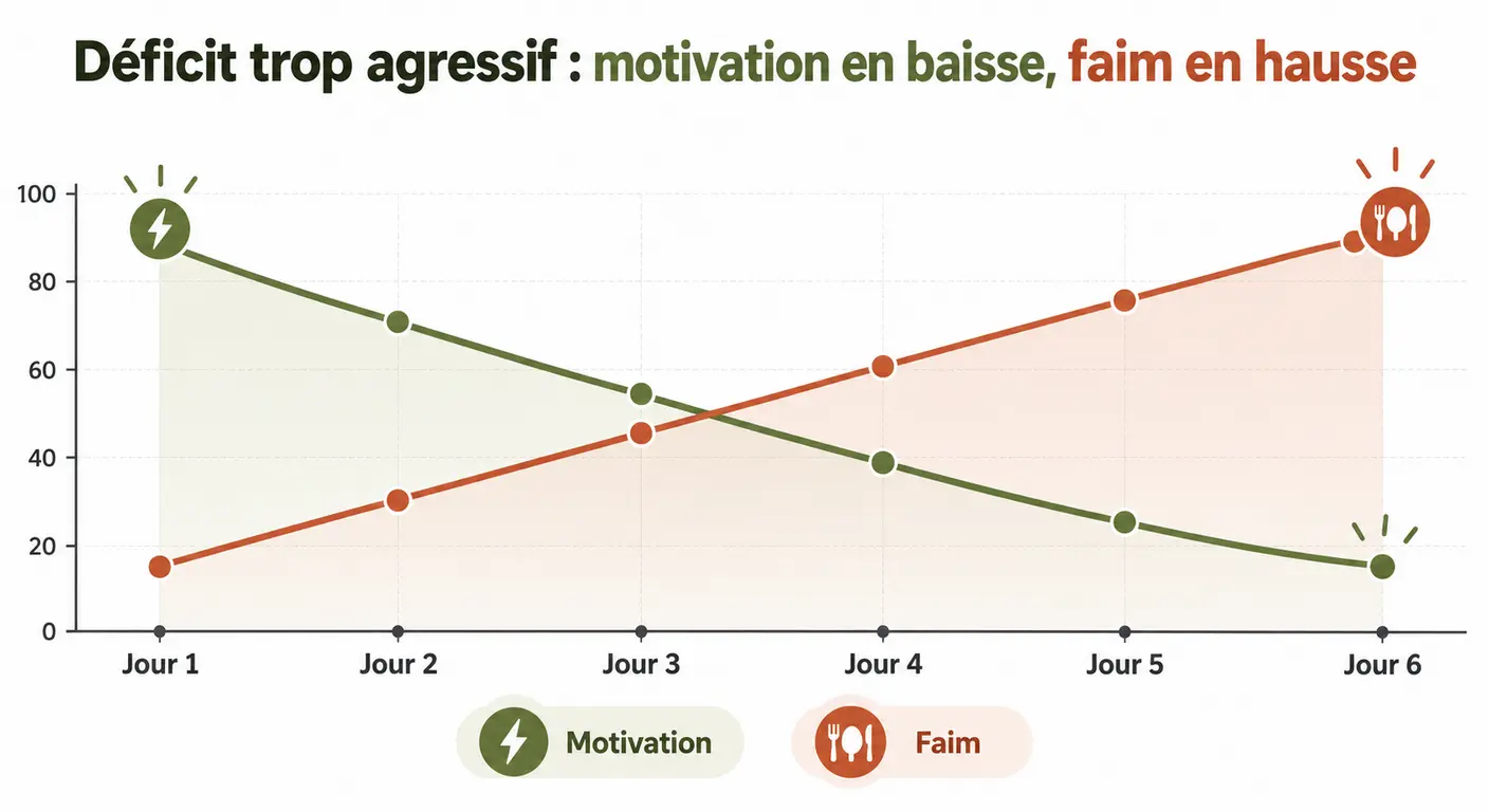 Chronologie sur six jours montrant la motivation décroissante et la faim croissante avant un écart