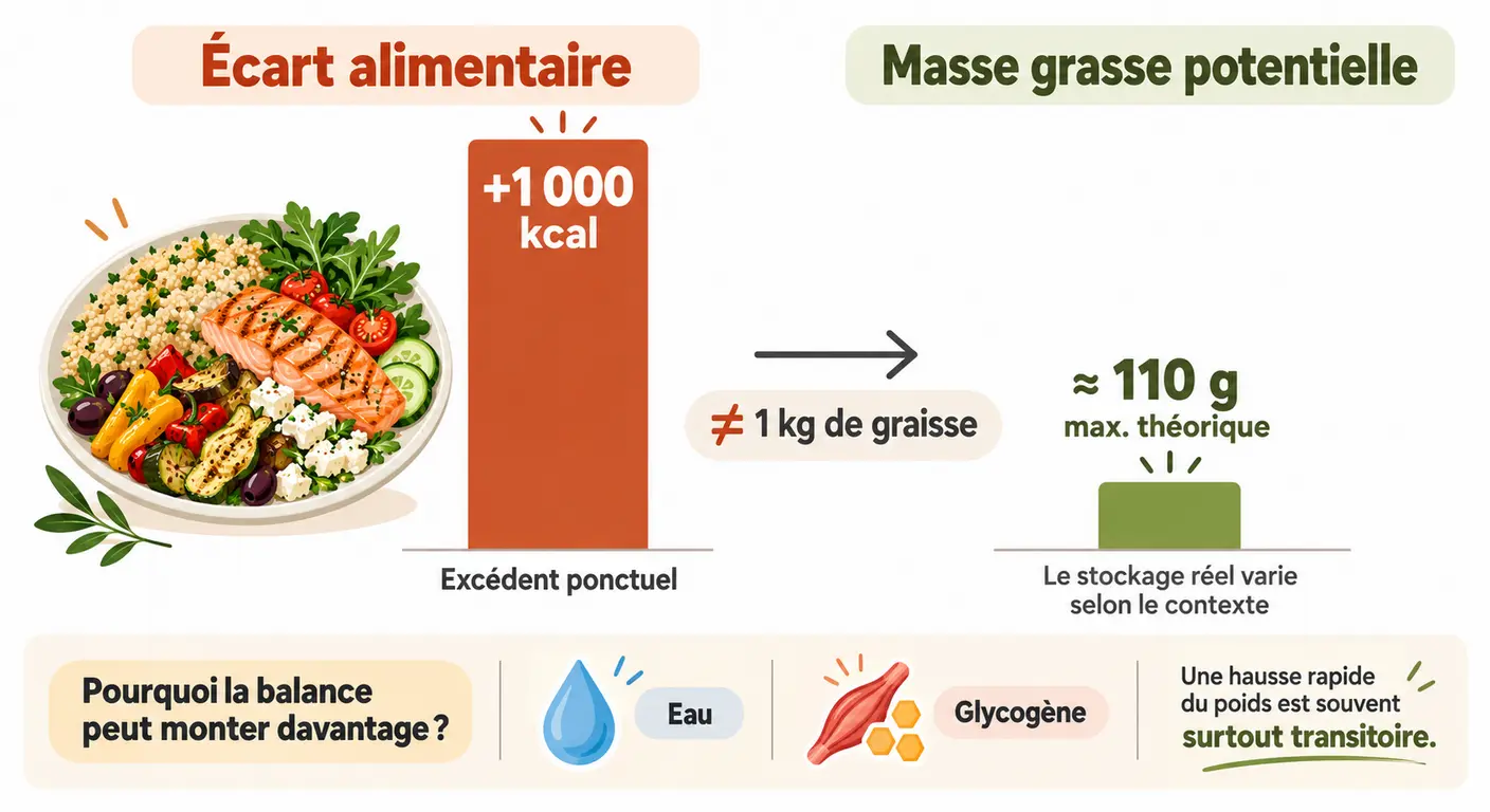 Comparaison entre excédent calorique perçu et masse grasse réellement stockée après un écart