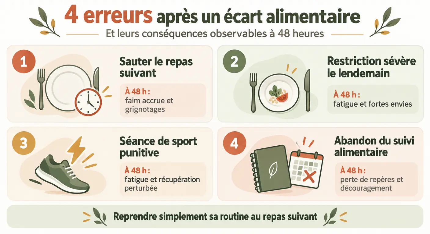 Infographie des quatre erreurs post-écart et de leur conséquence observable à 48 heures
