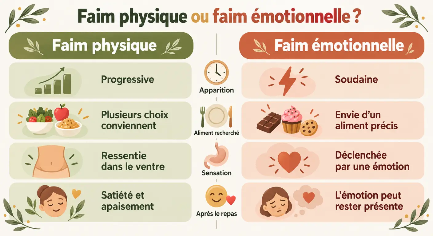 Tableau comparatif des quatre critères distinguant faim physique et faim émotionnelle