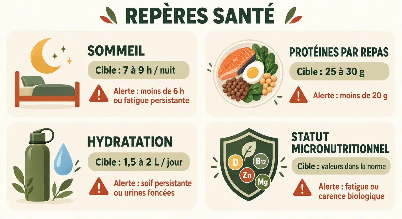 Infographie des quatre repères physiologiques à vérifier avant d'ajuster son plan alimentaire
