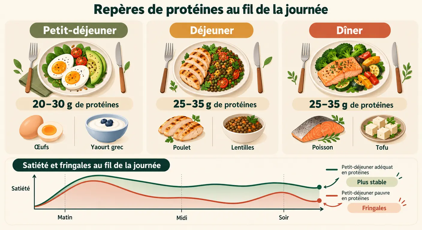 Infographie des repères de protéines par repas et de leur effet sur les fringales de fin de journée