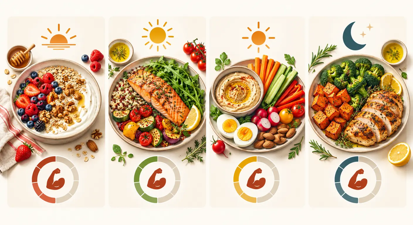 Journée type d'alimentation pour un jour de récupération active avec les repères en protéines par repas