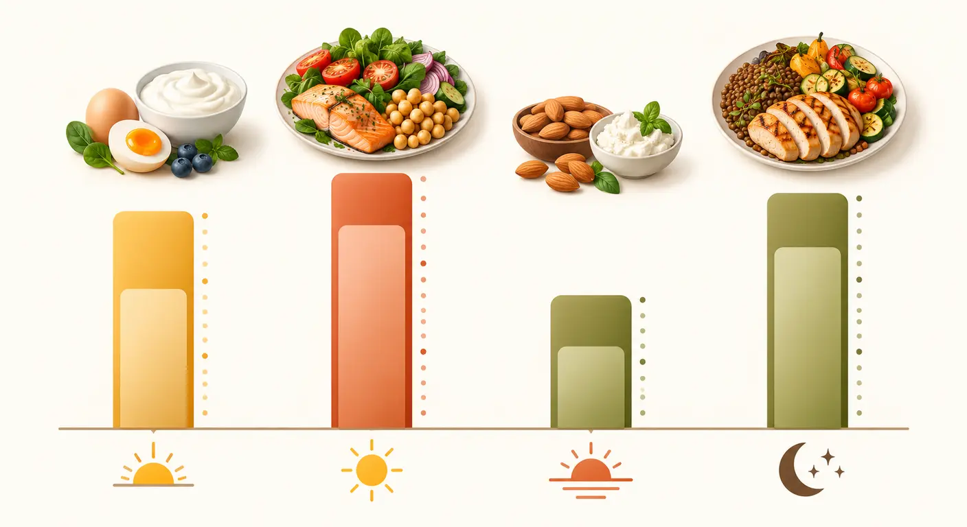 Répartition des protéines sur quatre repas lors d'un jour de récupération active
