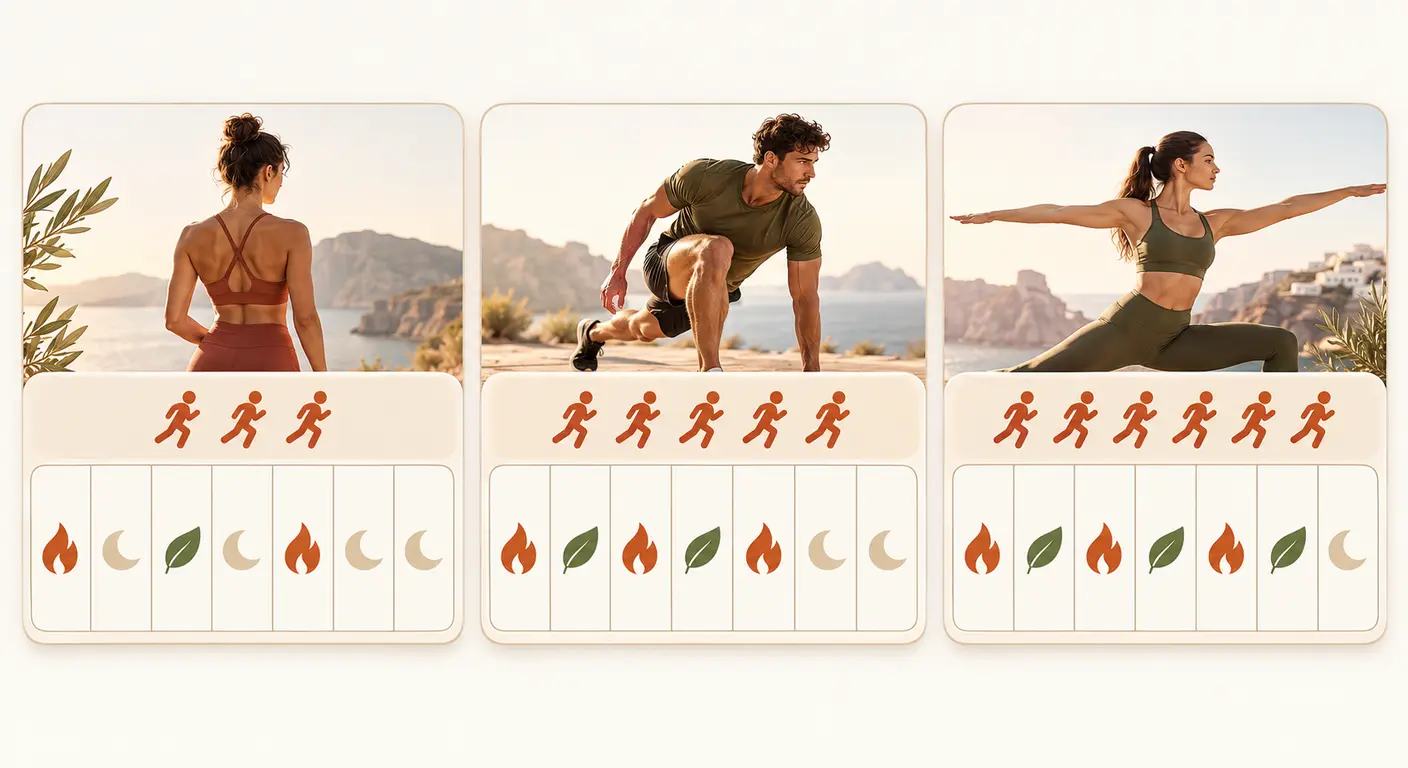 Trois semaines types de récupération active selon une fréquence de trois, cinq ou six séances hebdomadaires