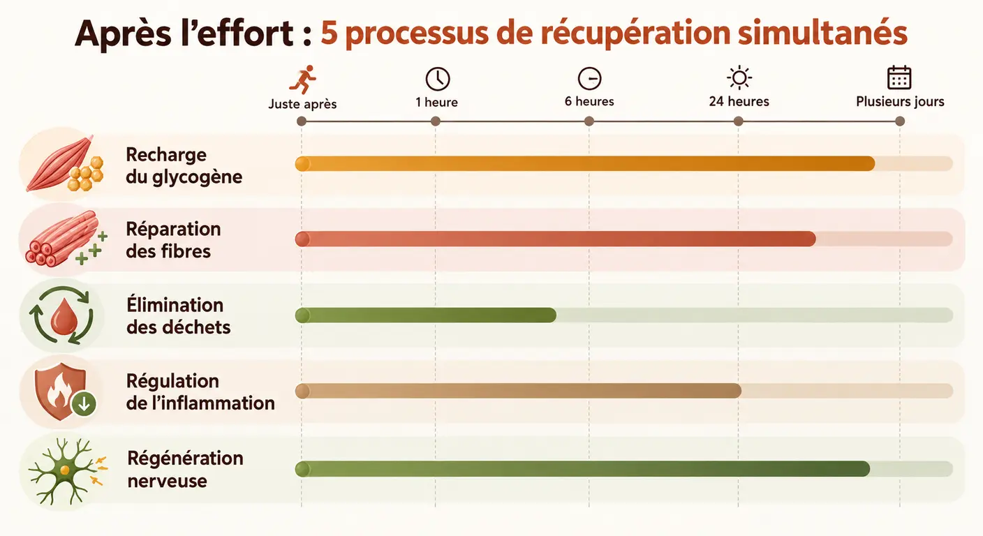 Infographie des cinq mécanismes physiologiques de la récupération musculaire après le sport