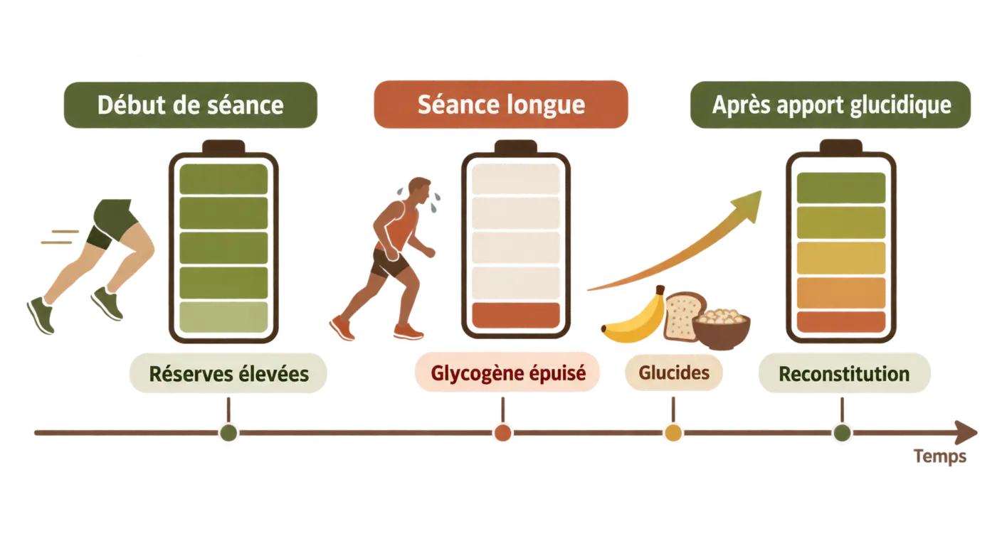 Infographie de la reconstitution des réserves de glycogène musculaire après une séance longue