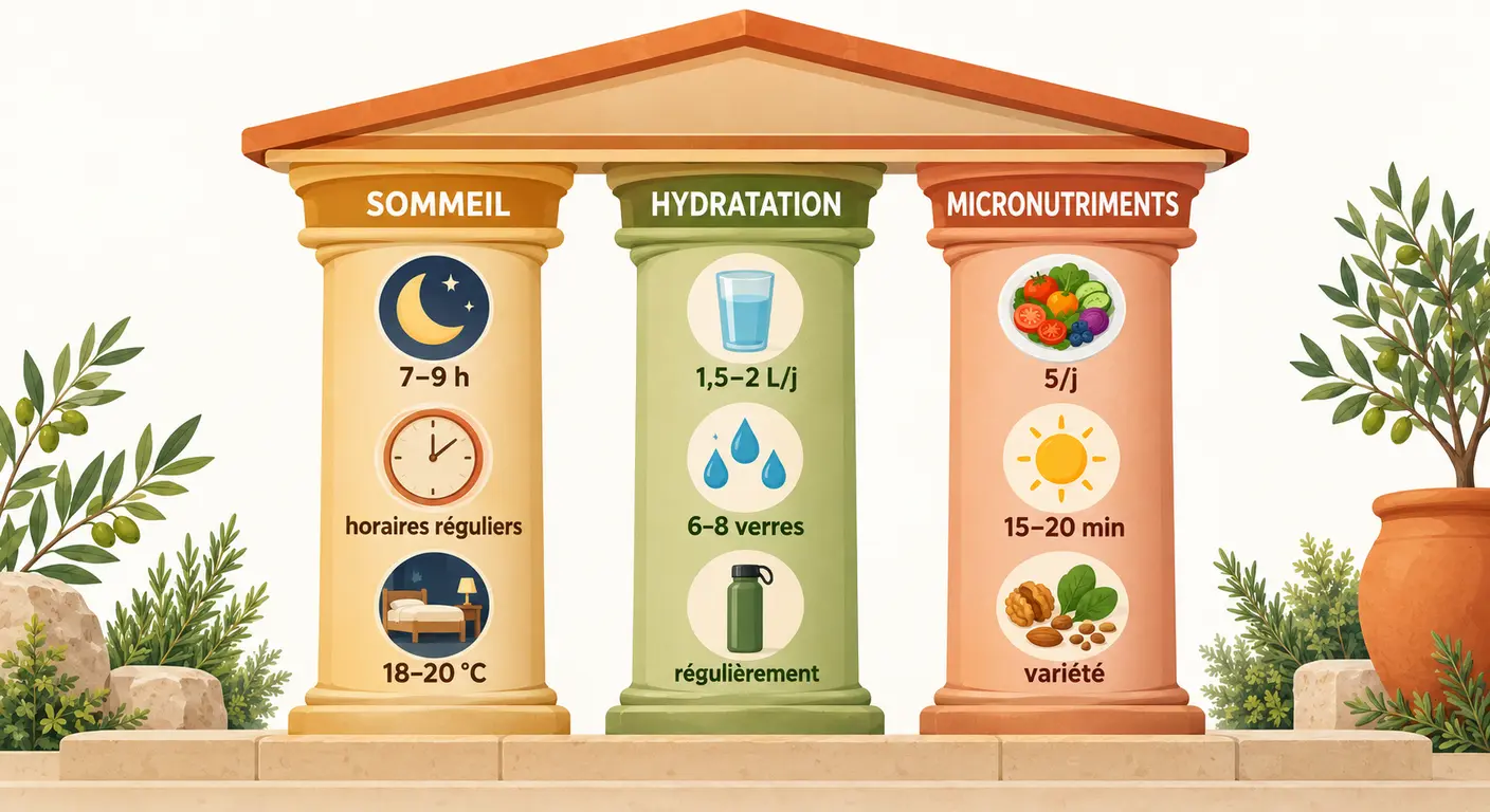 Infographie des trois piliers de la récupération physique : sommeil, hydratation et micronutriments