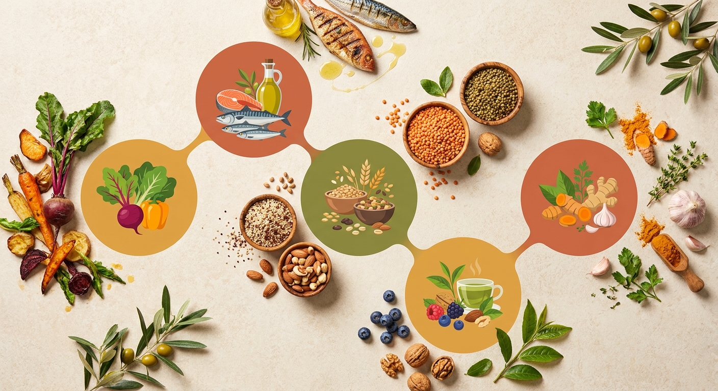 Infographie présentant les 5 piliers d'une alimentation anti-inflammatoire