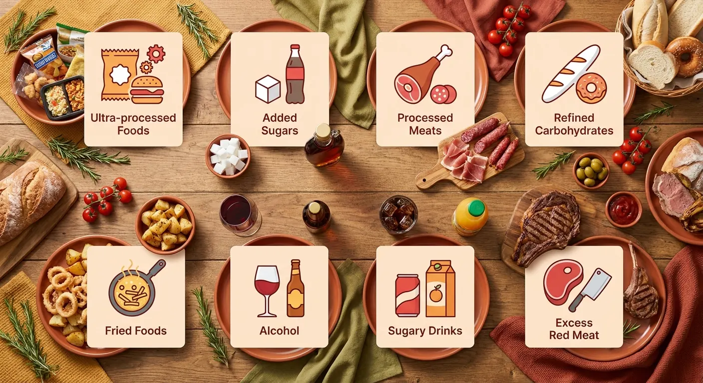 Infographie listant les 8 familles d'aliments inflammatoires à limiter