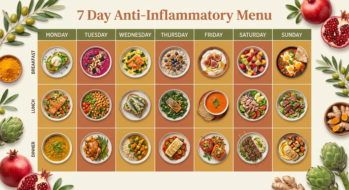 Infographie présentant un menu anti-inflammatoire complet sur 7 jours