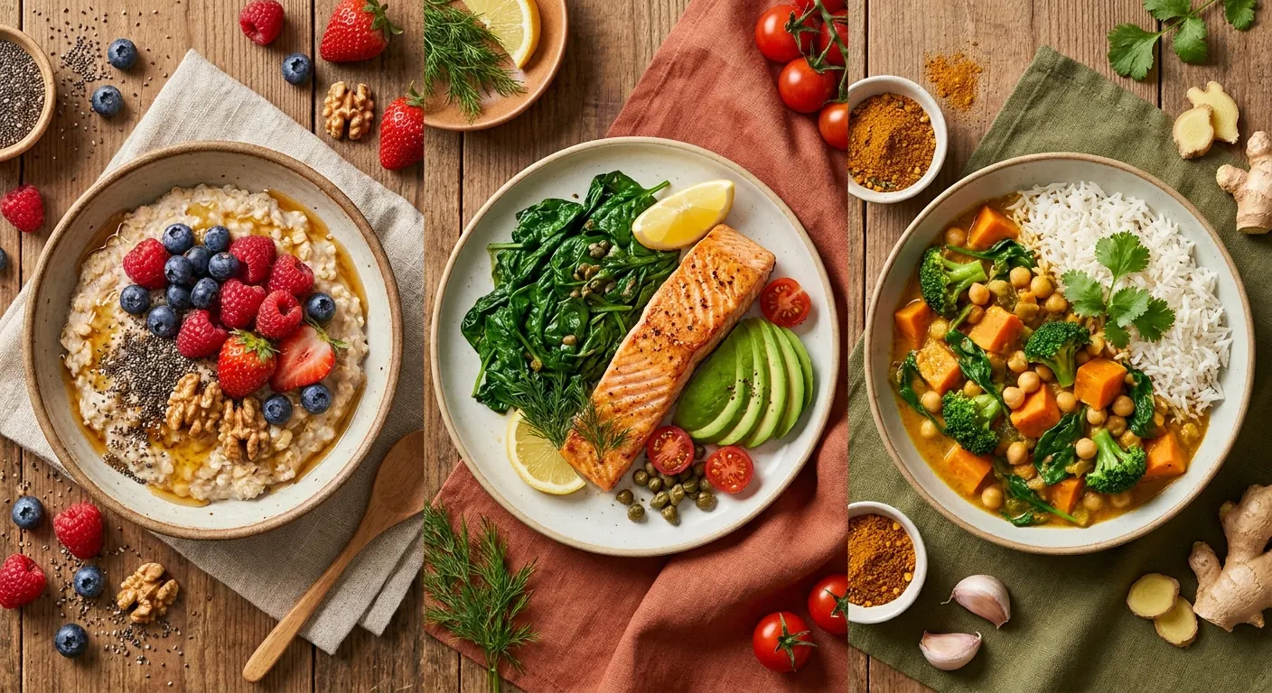 Infographie présentant trois exemples de repas anti-inflammatoires détaillés