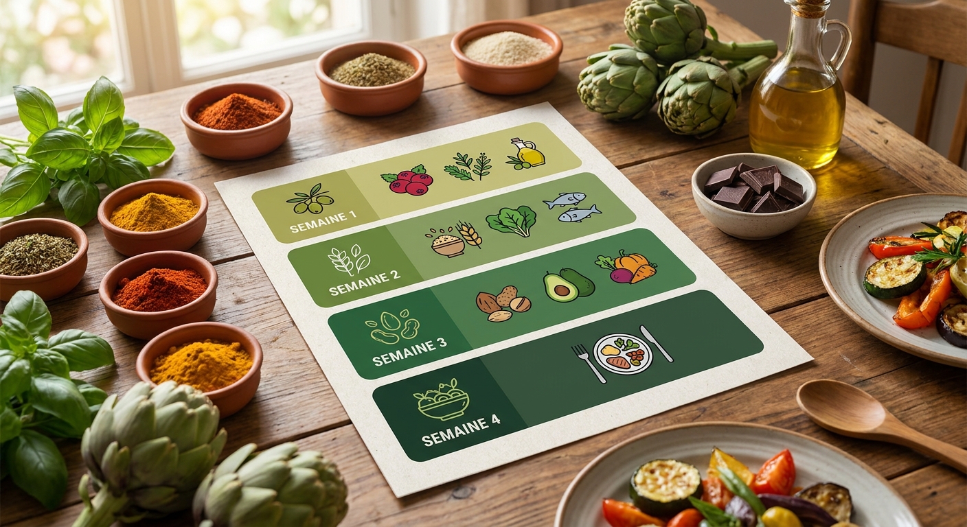 Infographie présentant le plan d'installation de l'alimentation anti-inflammatoire en 4 semaines