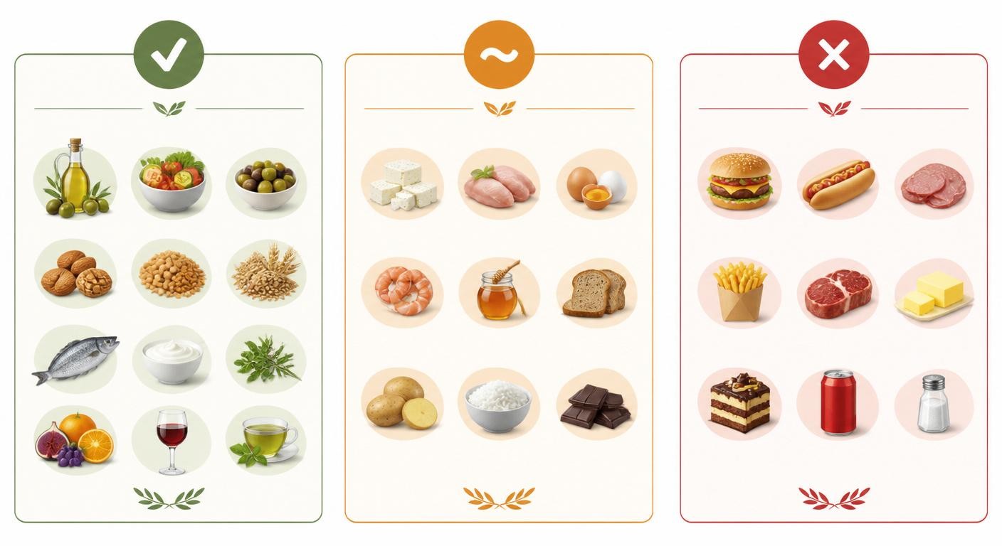 Aliments à privilégier, modérer et limiter dans le régime crétois