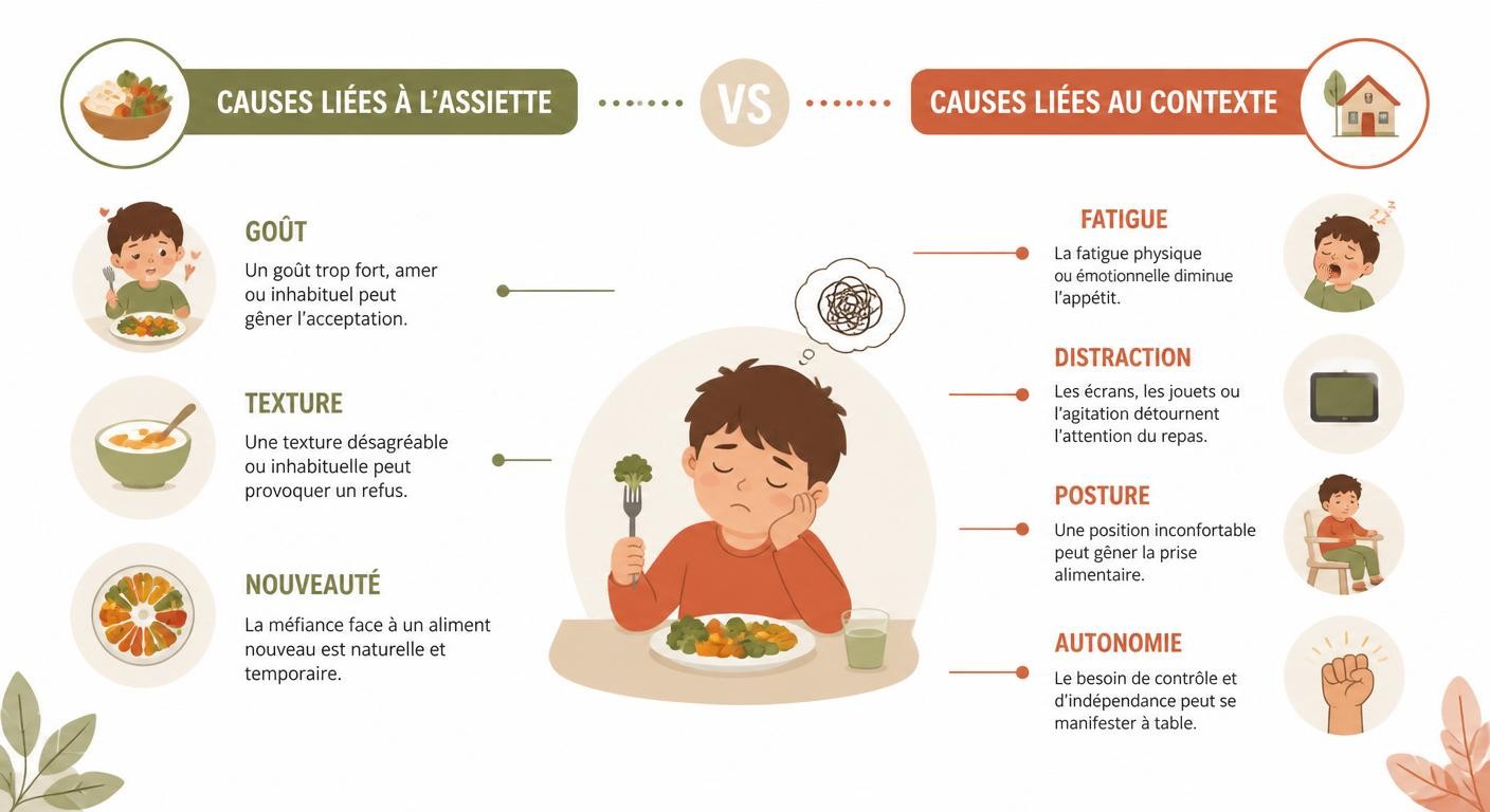 Infographie comparant les causes alimentaires et contextuelles du refus de manger chez l'enfant