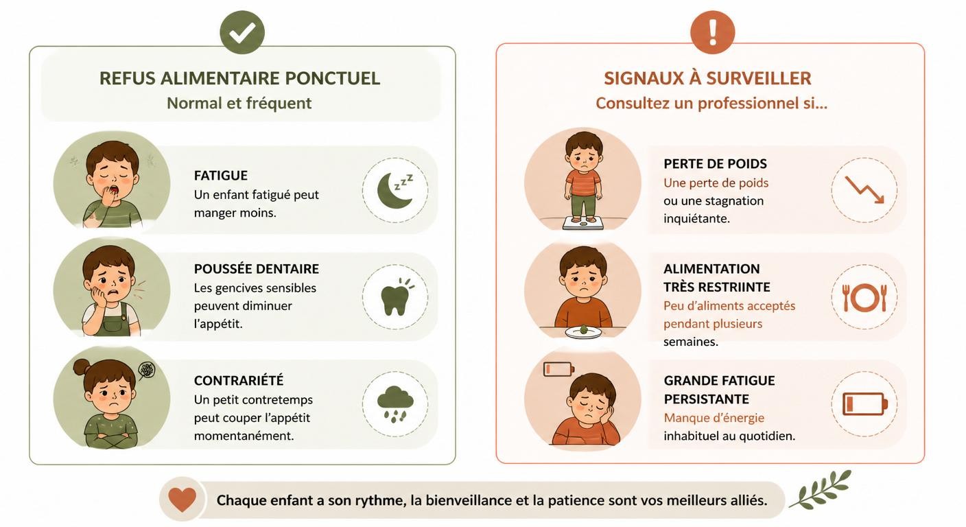 Infographie des signaux de refus alimentaire normaux et des signaux à surveiller chez l'enfant