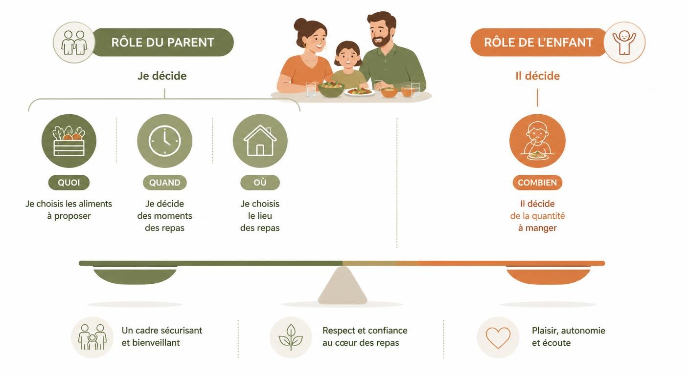 Infographie du partage des responsabilités à table entre parent et enfant