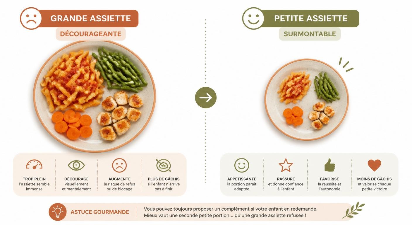 Infographie comparant grande assiette décourageante et petite assiette surmontable pour enfant difficile