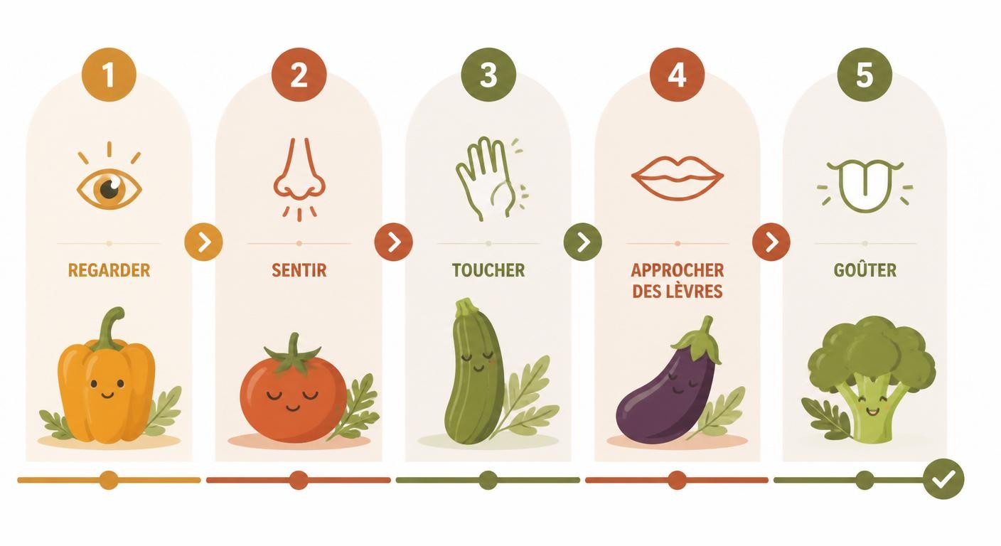 Infographie de l'échelle d'exposition en 5 étapes pour faire goûter un légume à un enfant