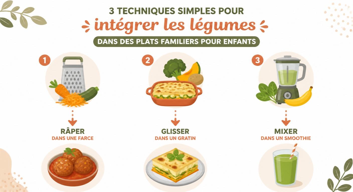 Infographie des 3 techniques pour intégrer les légumes assumés dans les plats pour enfants difficiles