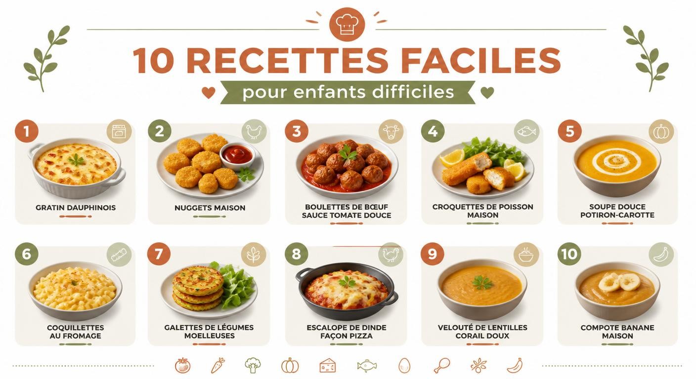 Infographie de 10 recettes faciles et équilibrées pour enfant difficile