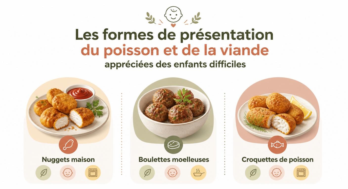 Infographie des formes de présentation du poisson et de la viande pour enfants difficiles