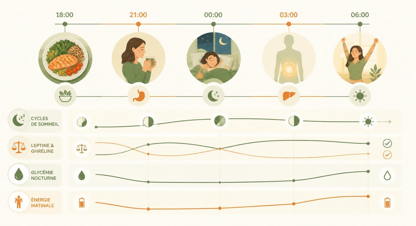 Schéma chronologique de l'impact d'un dîner équilibré sur la récupération nocturne