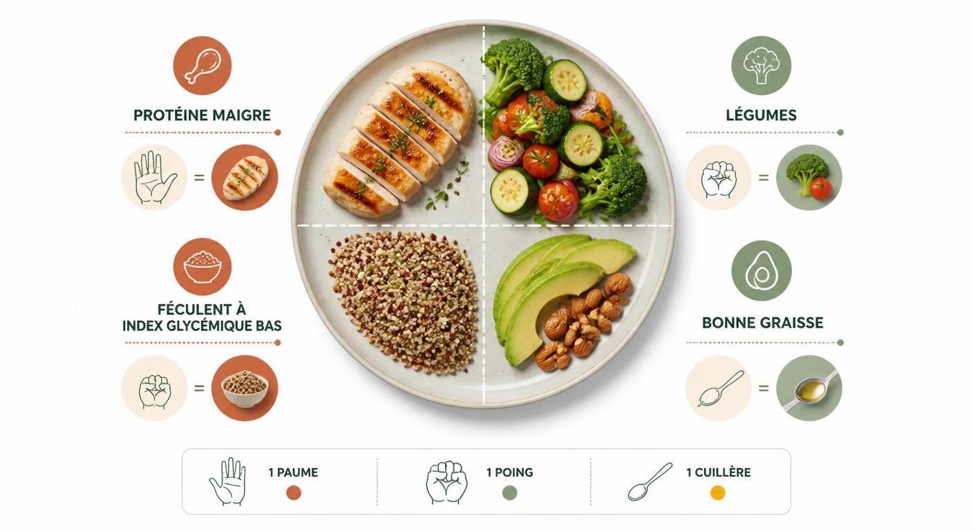 Schéma de composition d'un dîner équilibré en quatre quartiers visuels