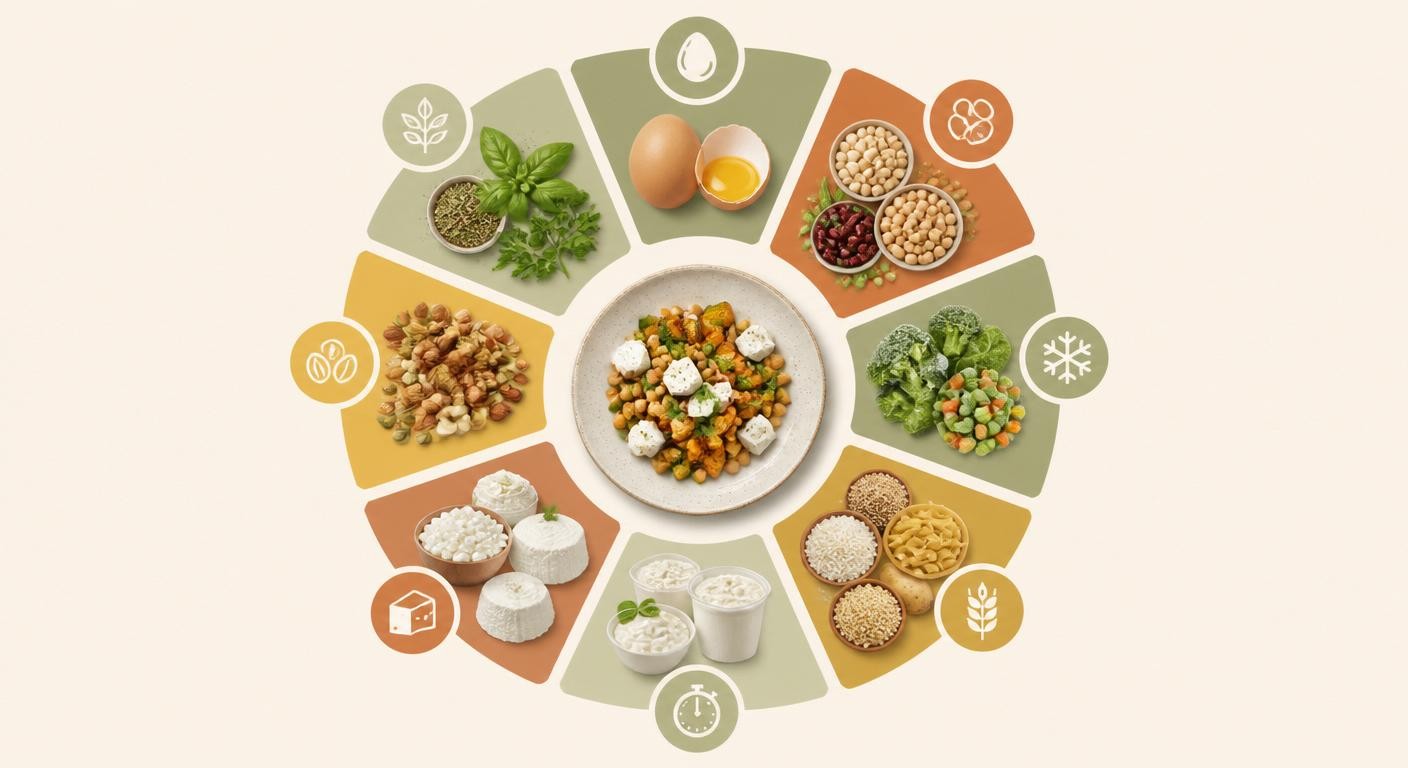 Infographie des sept catégories d'aliments essentiels pour un dîner rapide équilibré