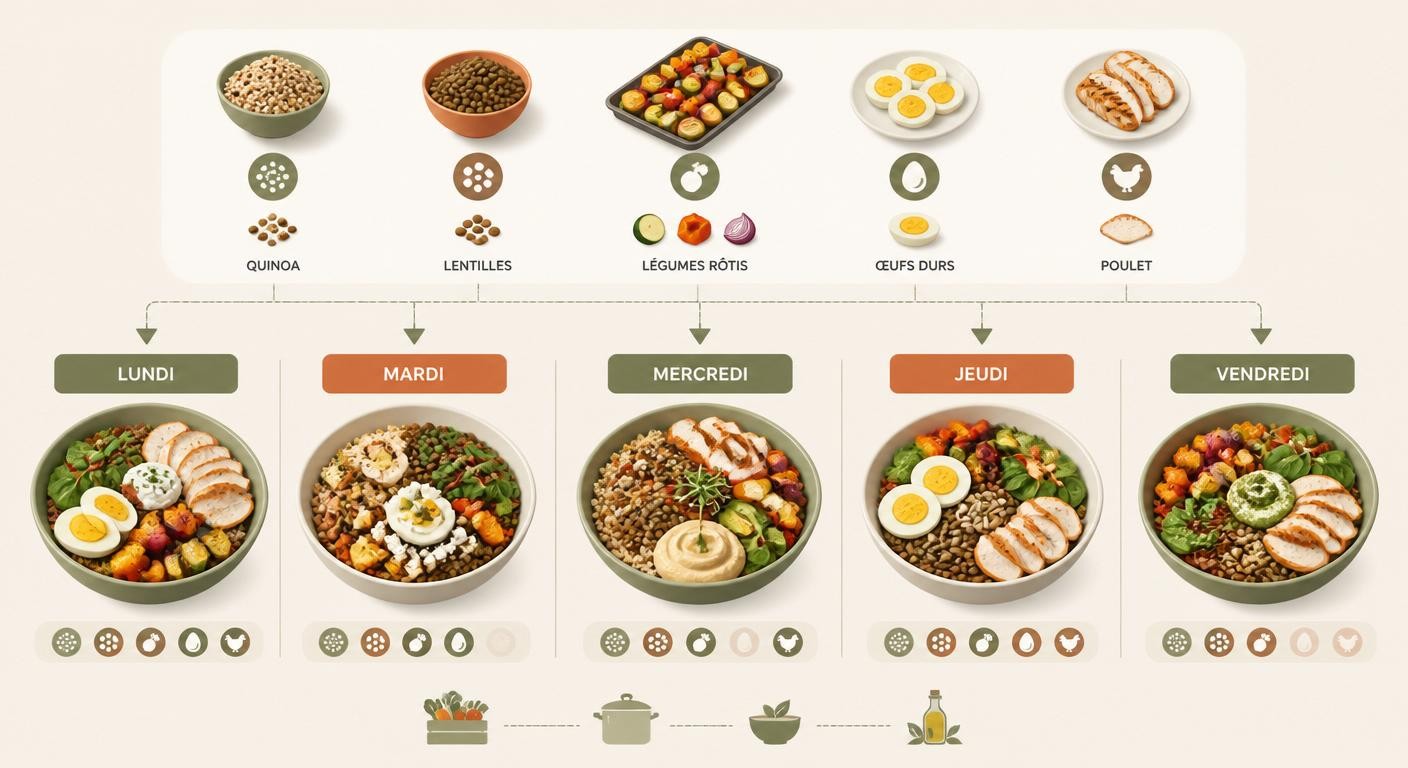 Planning visuel d'une semaine de dîners équilibrés issus du batch cooking dominical