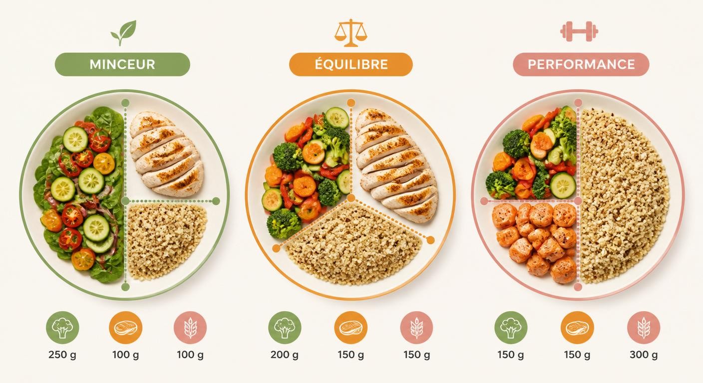 Comparaison visuelle de trois assiettes adaptées à trois objectifs nutritionnels