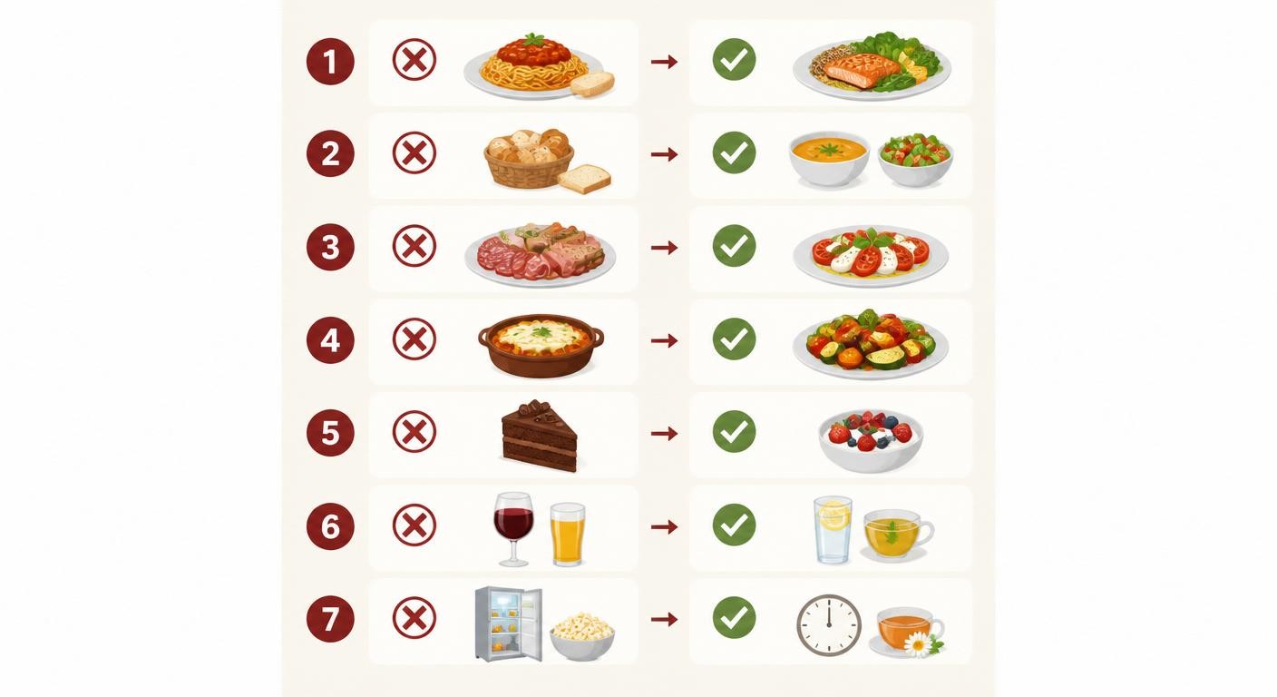 Infographie des sept erreurs fréquentes au dîner et leurs correctifs