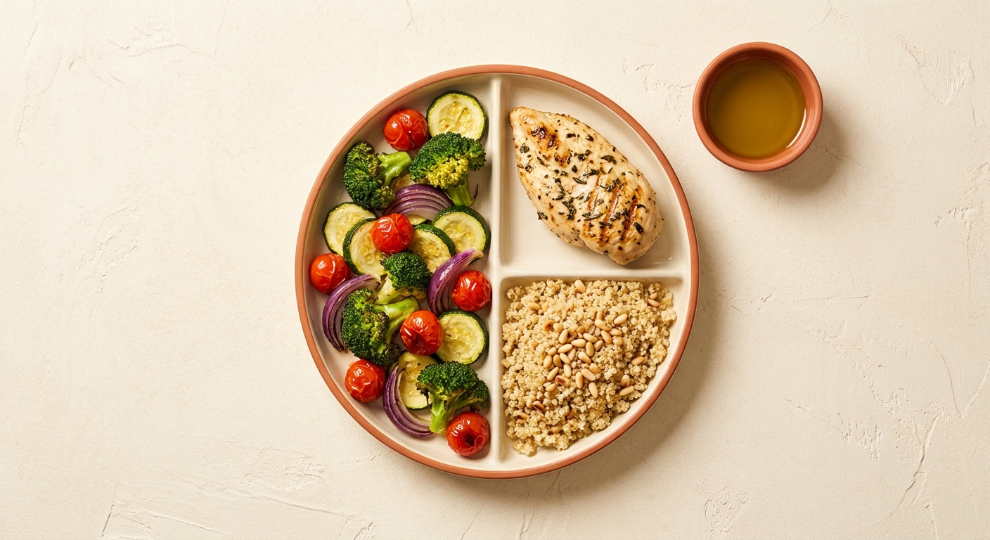 Infographie composition d une assiette pour perte de poids avec proportions légumes protéines féculents