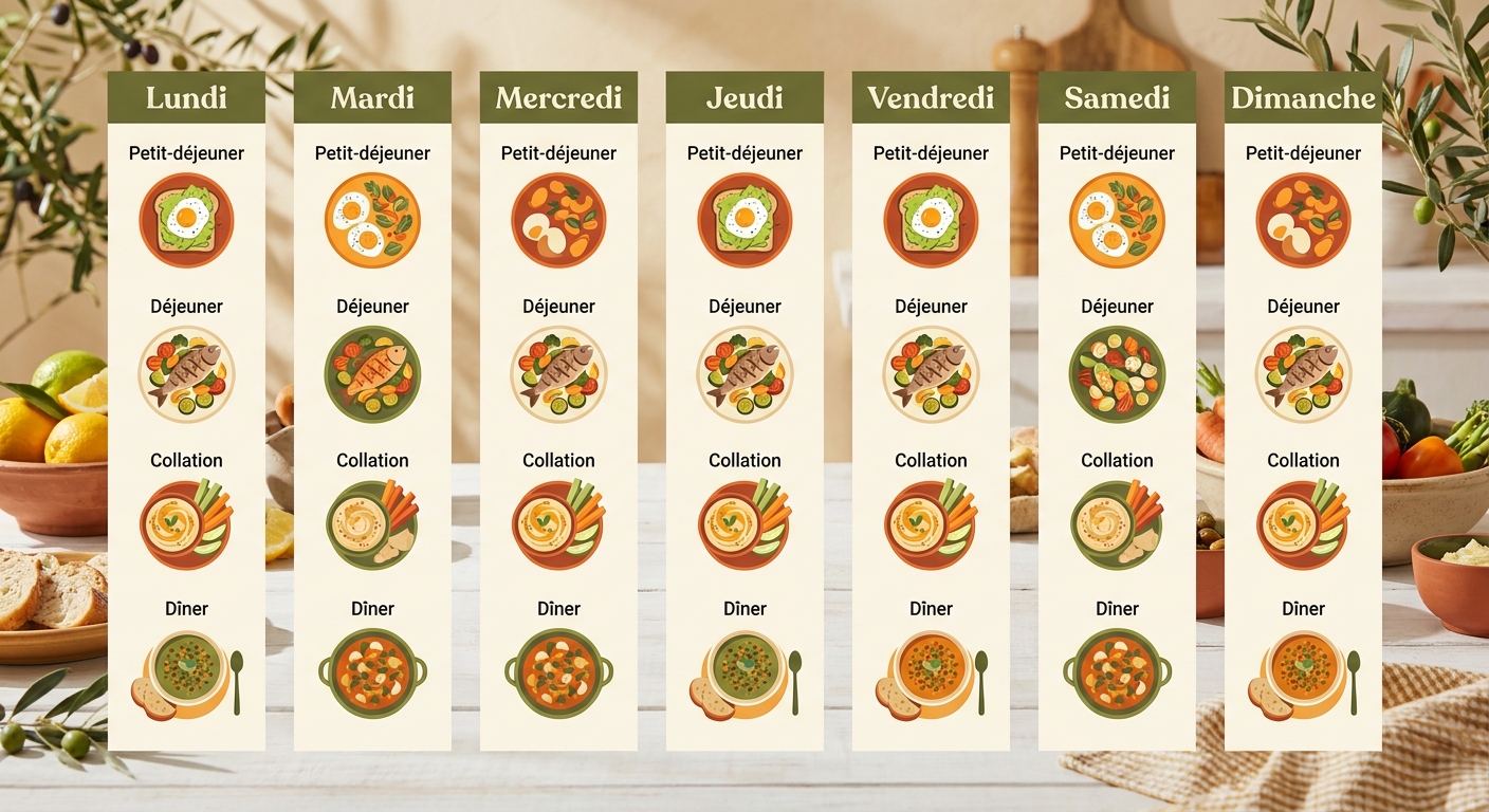 Planning visuel de sept jours de repas diététiques pour perte de poids