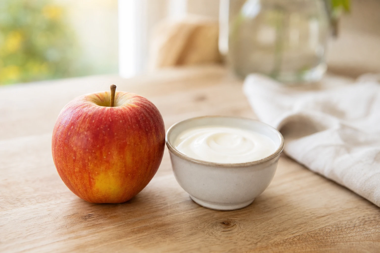 Un fruit entier et un petit bol de yaourt nature posés sur une table en bois le matin, petit-déjeuner simple de reprise