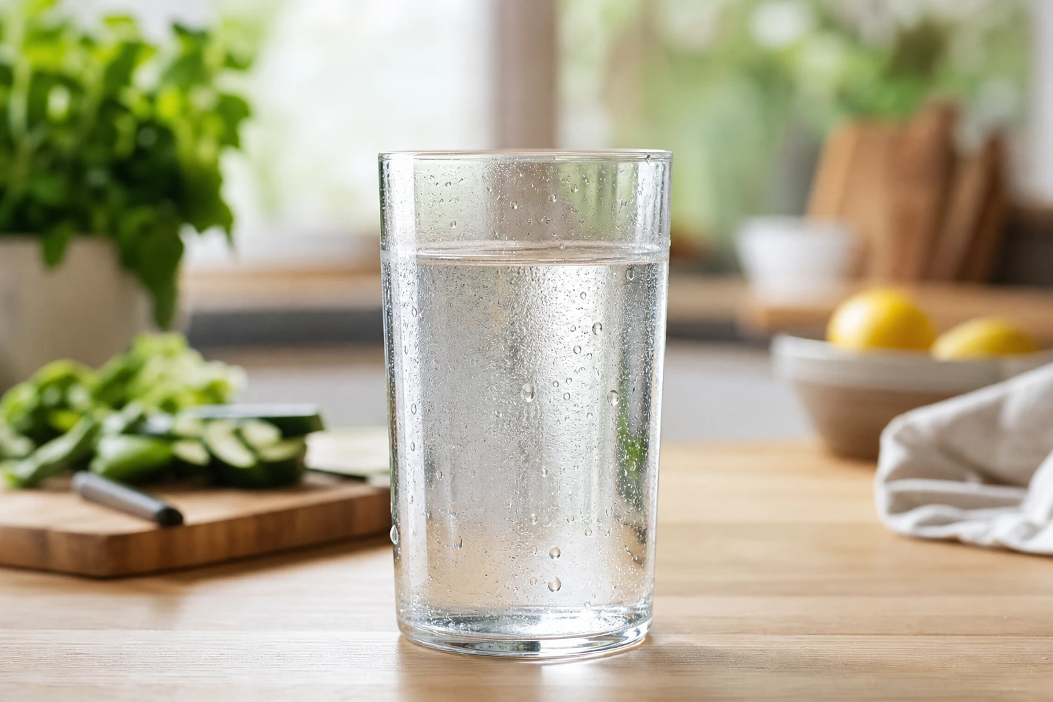 Verre d'eau claire avec des gouttes de condensation posé sur un plan de travail de cuisine