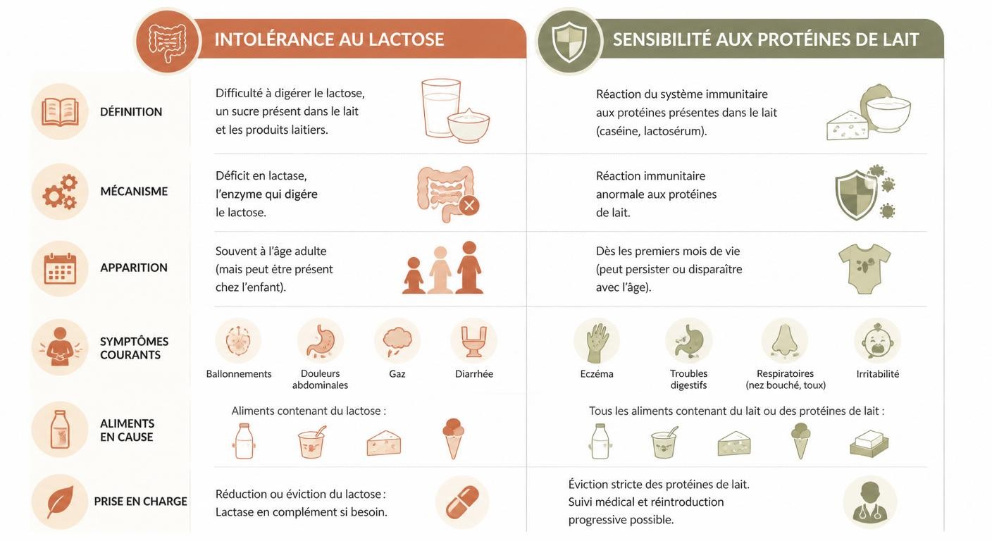 Infographie expliquant la différence entre intolérance au lactose et allergie aux protéines de lait